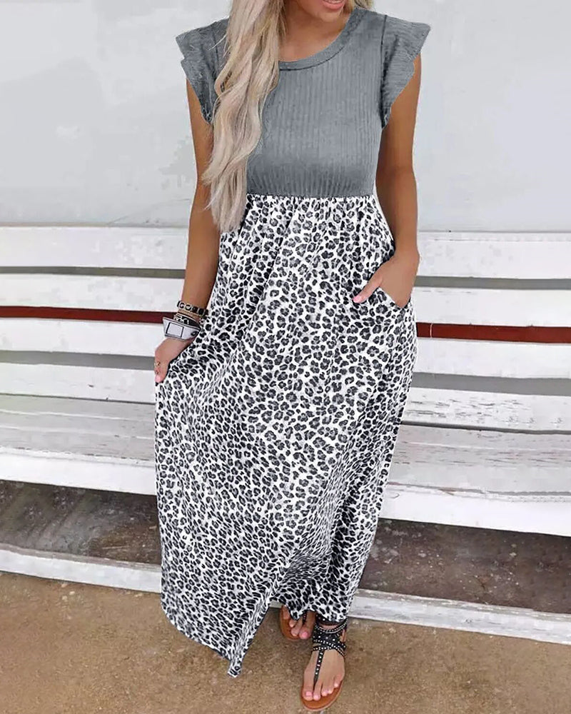 Zeagoo Women's Black Leopard Stitching Long Dress Summer Waist Slimming Maxi Dress - Grey