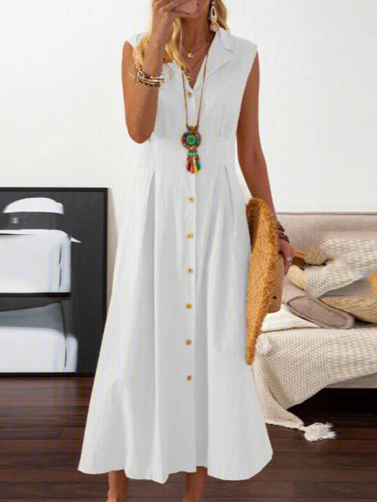 V Neck Lapel Button Down Maxi Dress Sleeveless Casual Beach Long A Line Shirt Sundress - White M