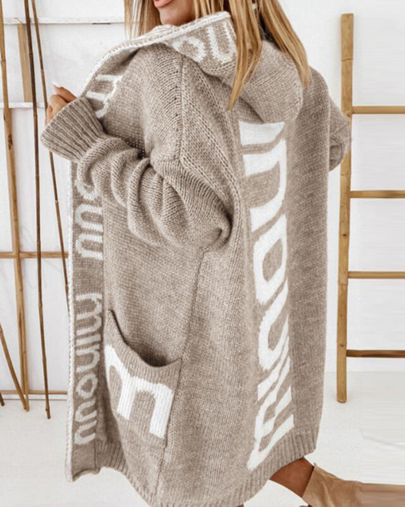 Long Elegant Stripe Cardigan Wool Long Sleeve Hooded Letter Knitted Coat - Khaki