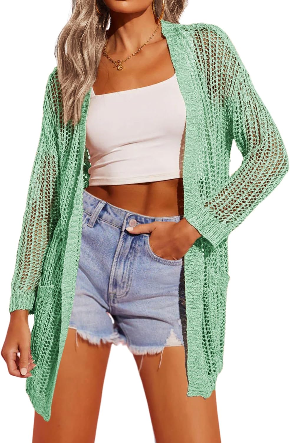 Zeagoo Women Lightweight Crochet Cardigan Long Sleeve Open Front Knit Sweater Summer Kimono Cover Up with Pockets - Light Green L-