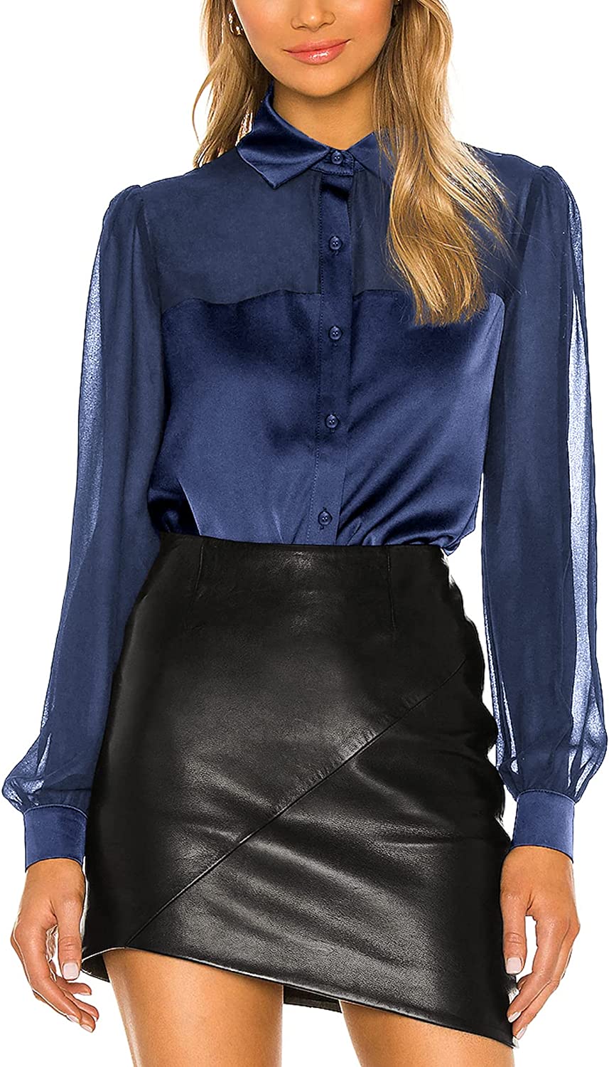 Womens V Neck Button Down Shirts Satin Silk Blouse Mesh Long Sleeve Casual Work Tops - Zeagoo- Long Sleeve-navy Blue