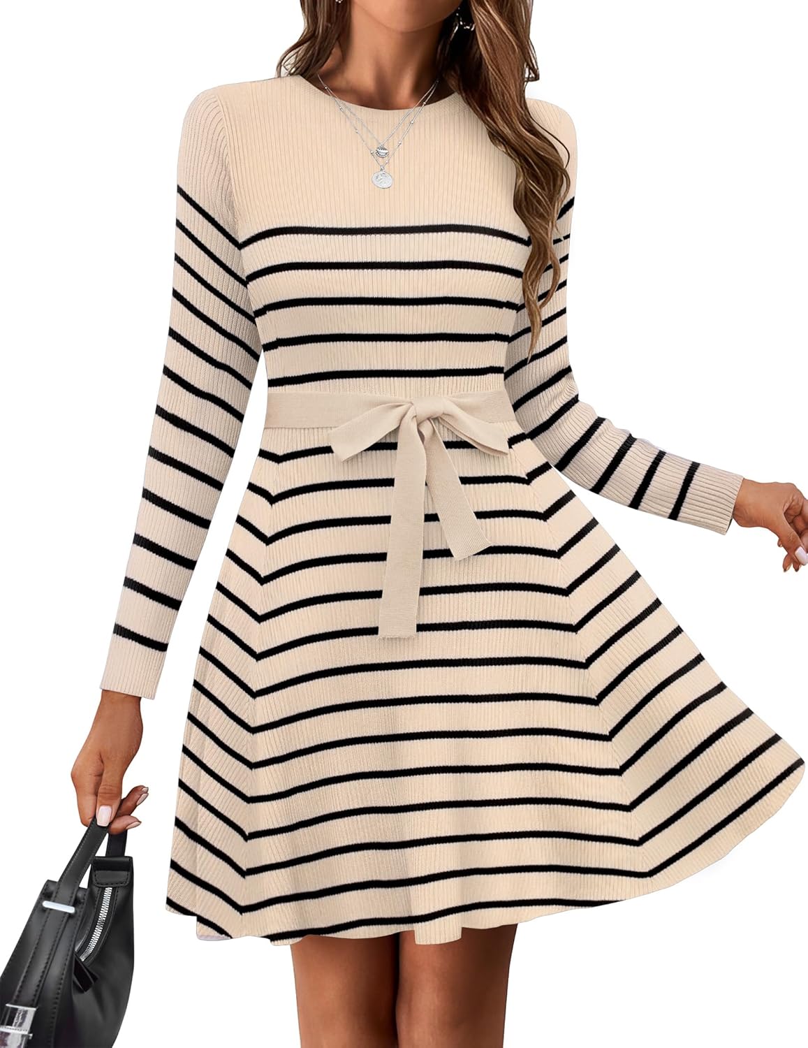 Zeagoo Women's Casual Dress Tie Waist Fall Ribbed Dress - Striped Apricot Black Medium