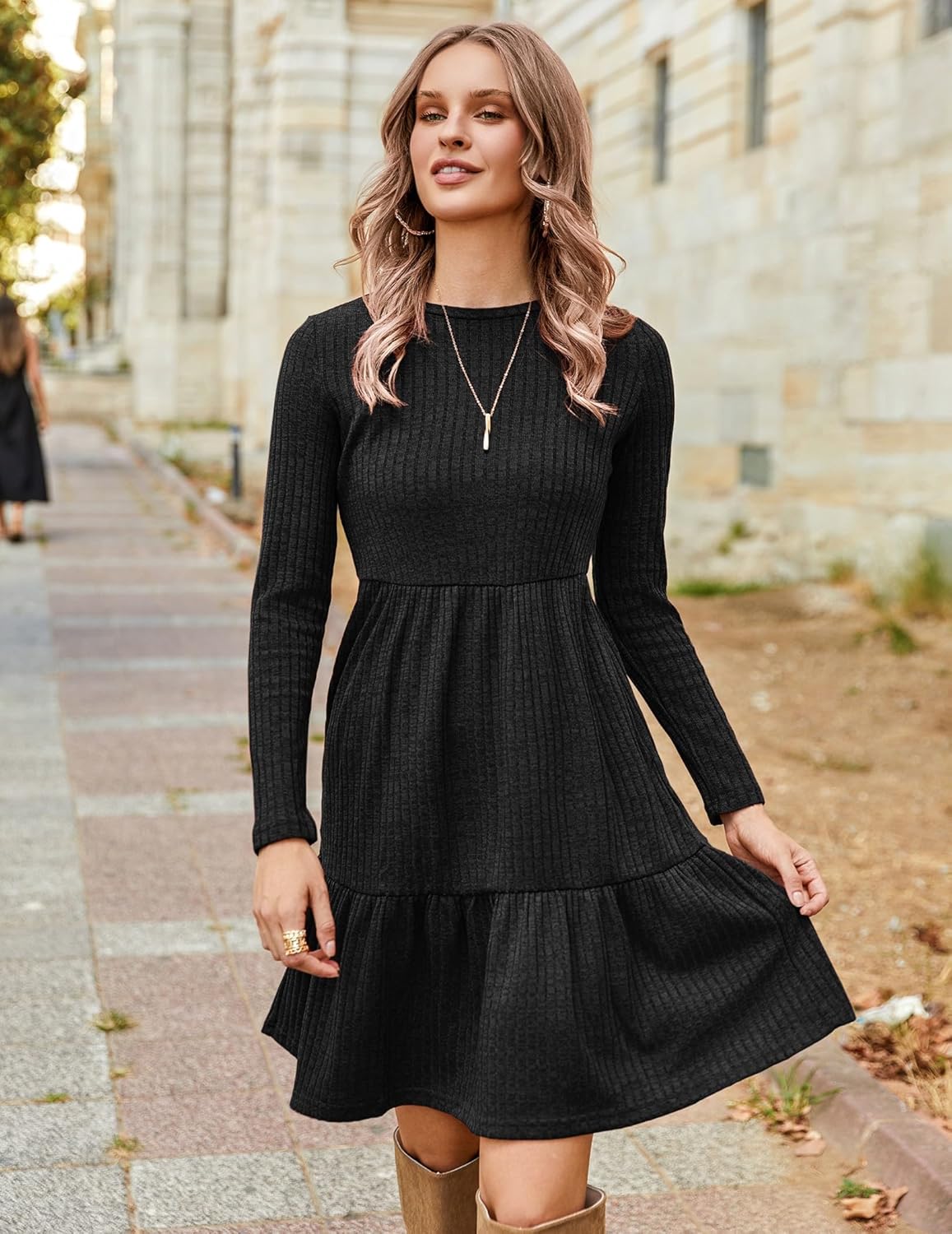 Zeagoo Women's Autumn Dress Long Sleeve Round Neck Knitted Dress
