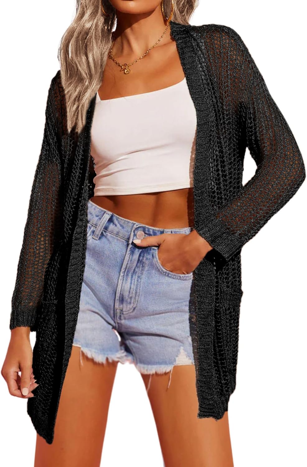 Zeagoo Women Lightweight Crochet Cardigan Long Sleeve Open Front Knit Sweater Summer Kimono Cover Up with Pockets - Black S