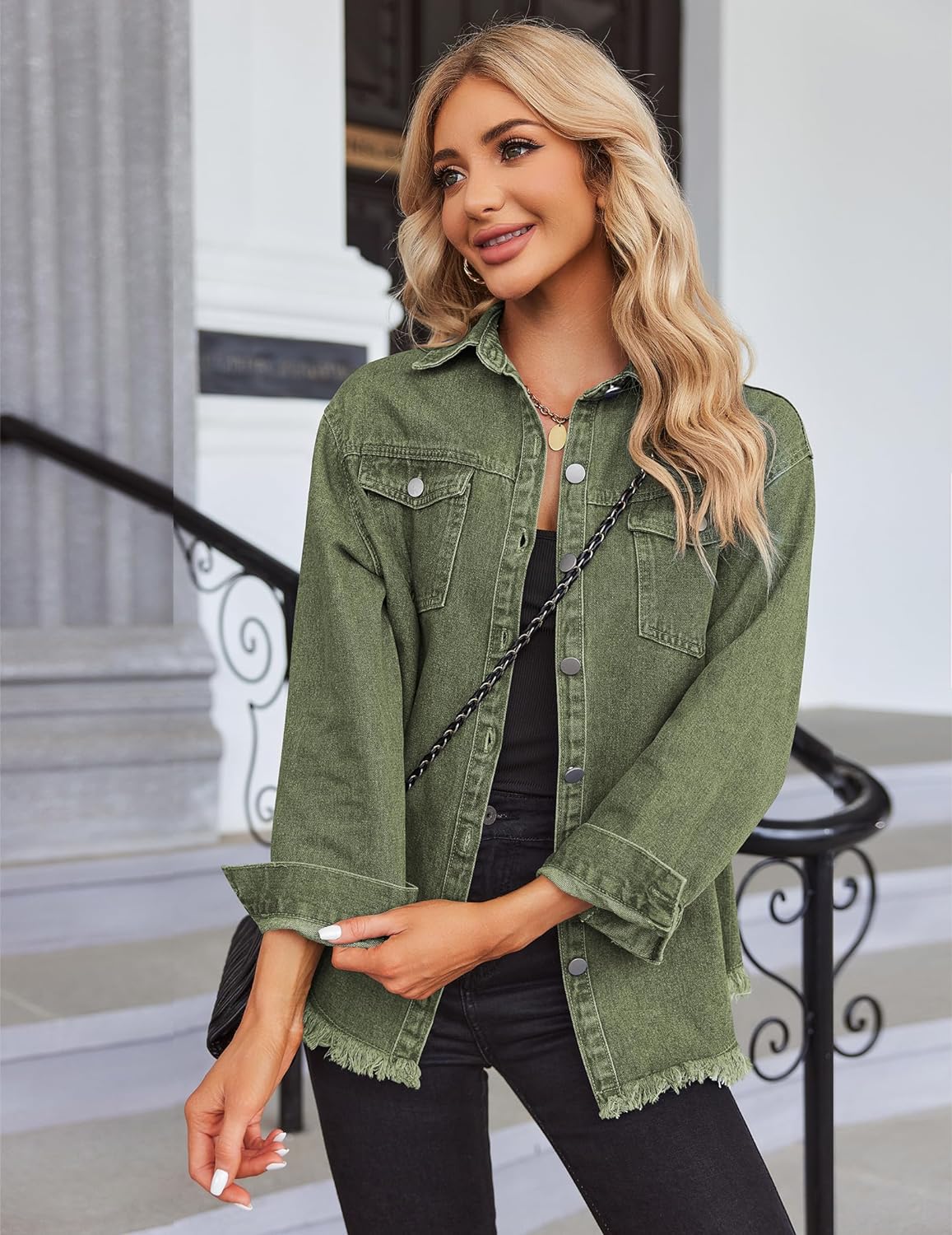 Zeagoo Jean Jackets Ripped Stretchy Denim Jean Jacket - Army Green M