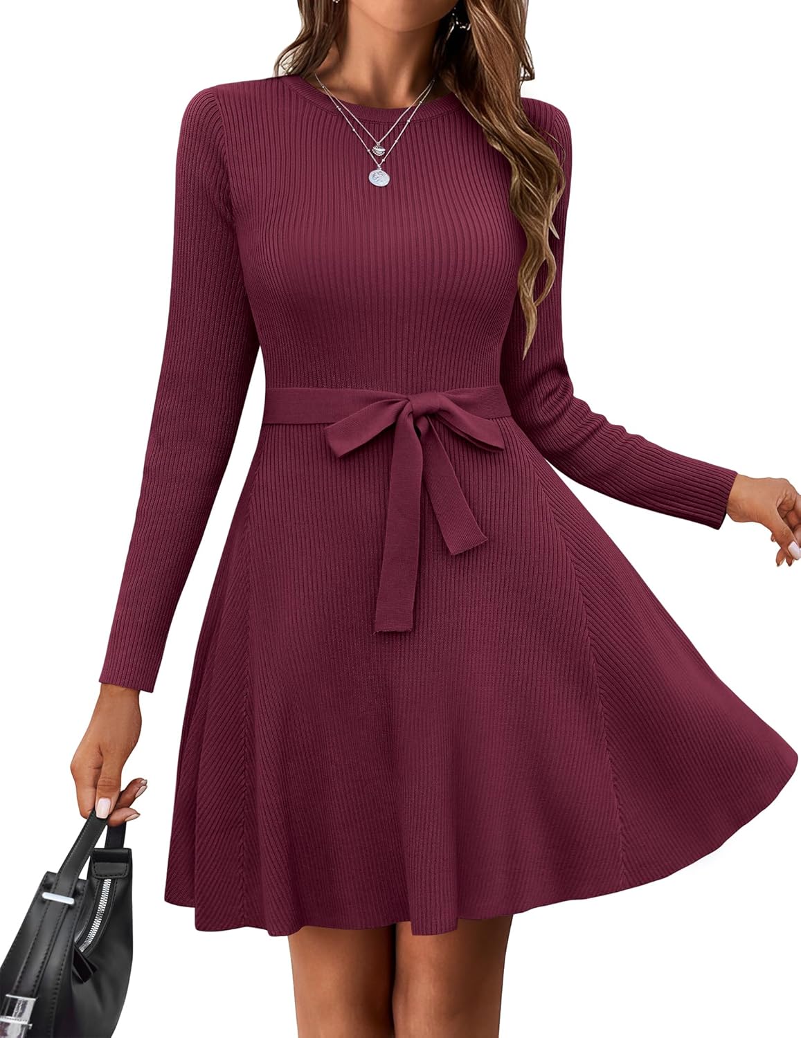 Zeagoo Women's Casual Dress Tie Waist Fall Ribbed Dress - Deep Red Medium