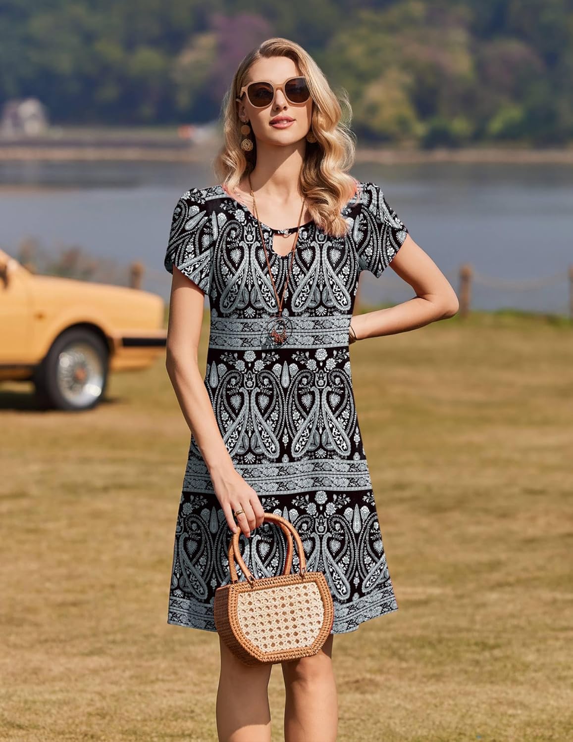 Zeagoo Women's Summer Round Neck Floral Shirt Dress