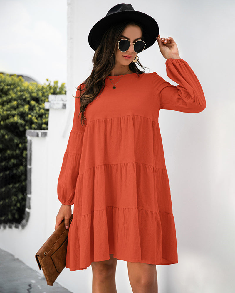 Long Puff Sleeve Shirt Dress Casual Crewneck Loose Fit Sundress Trendy Tiered Layer Summer Mini Dresses - Orange M