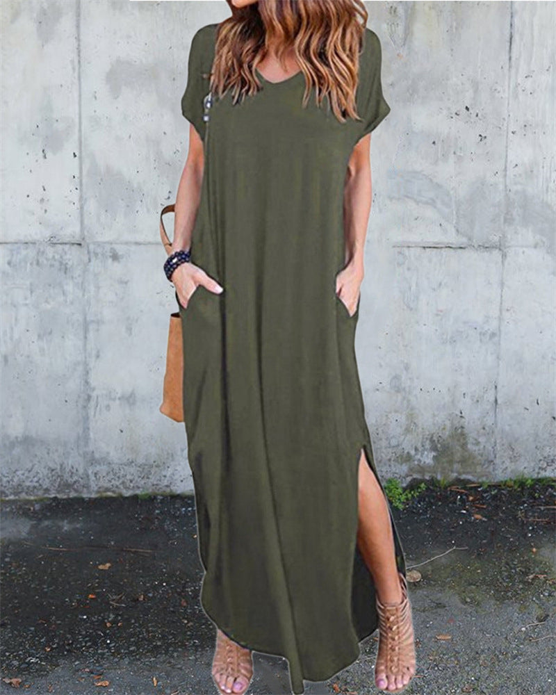 Floral Puff Sleeve Dress Elastic Waist Open Back Casual Dresses Side Split Midi Flowy Dresses - Army Green