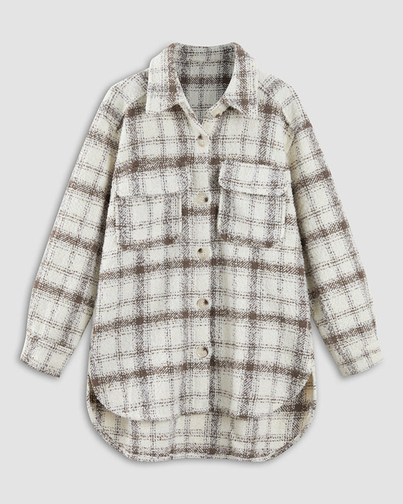 Two-color Plaid Woolen Coat - Khaki