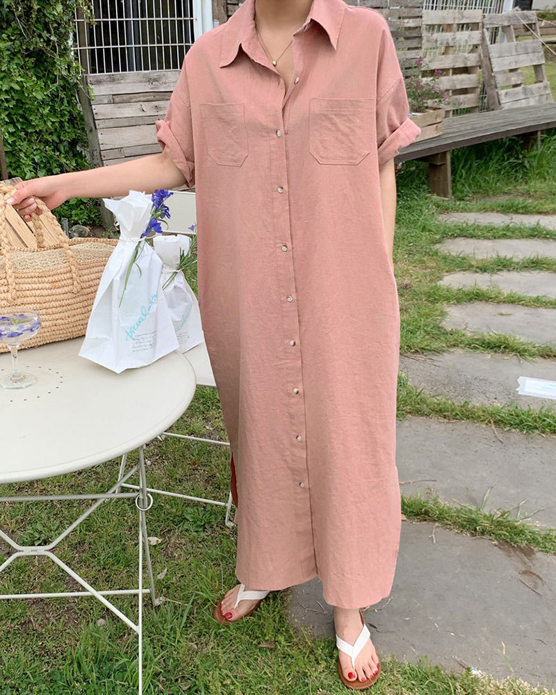 Oversized Button Down Maxi Shirt Dress Short Sleeve Side Split Casual Loose Solid Tunic Dress - Pink L-