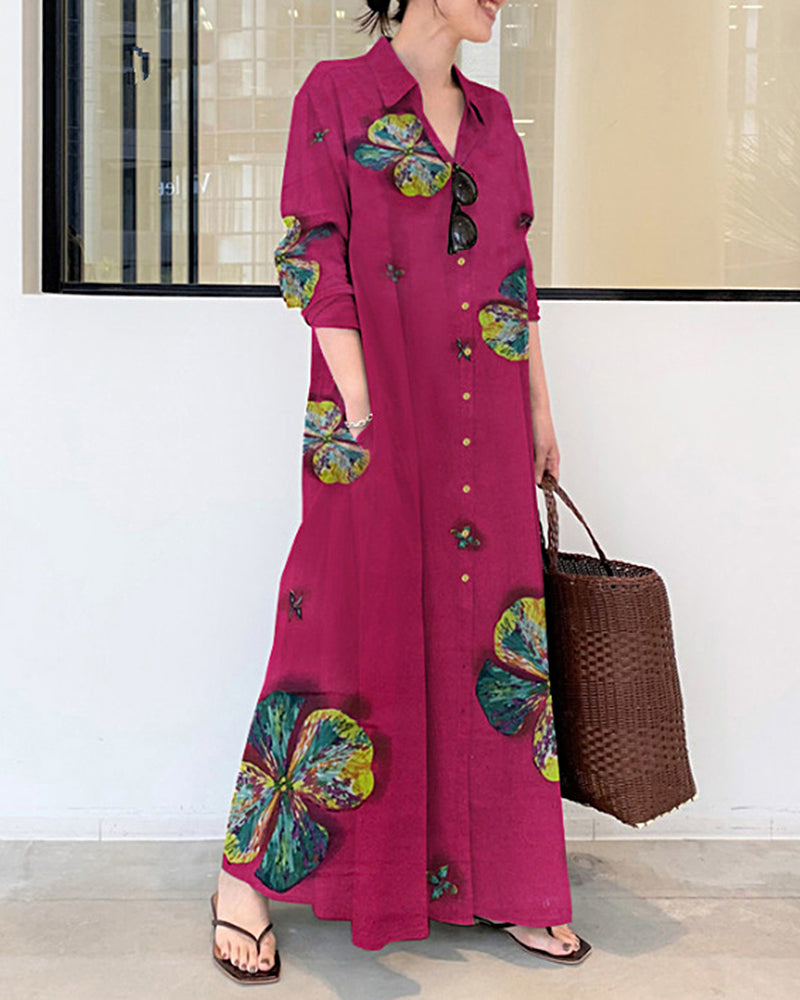 Lapel Long Sleeve Long Shirt Dress butterfly Printed Loose Plus Size Maxi Dresses - Red L-
