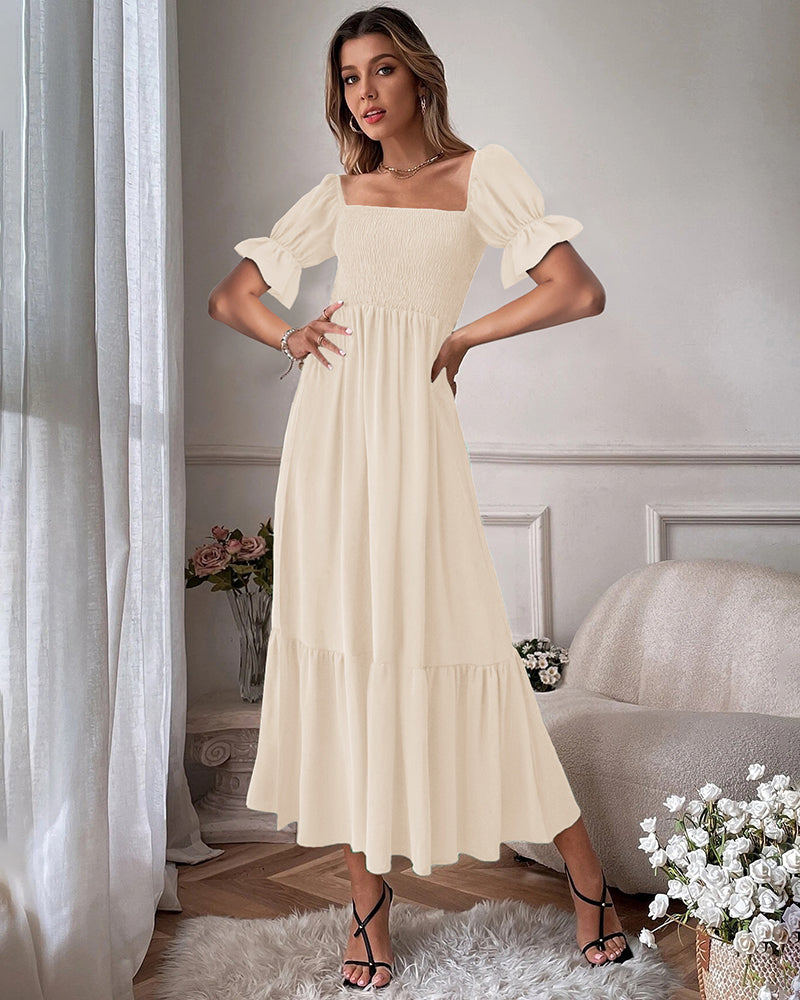 Ruffle Puff Sleeve Smocked Dress Square Neck Long Sleeve High Waist Flowy Maxi Dress - Apricot M