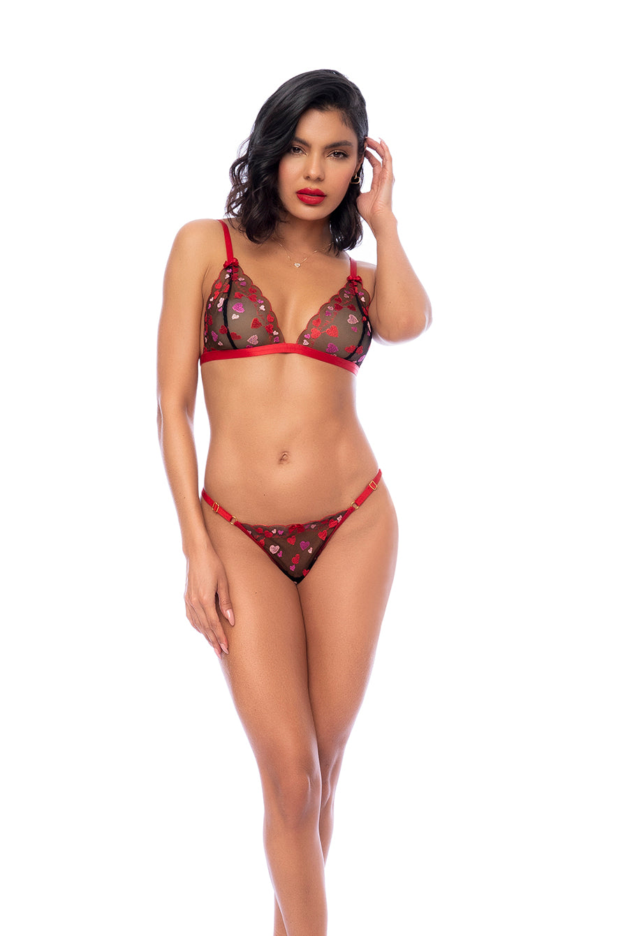 Mapale Heart Embroidered Mesh Bralette and Matching Thong Set