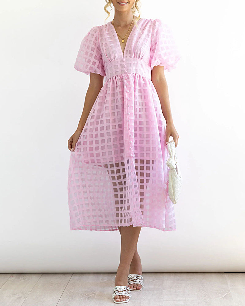 Zeagoo Women's Deep V Neck Short Puff Sleeve Plaid Midi Dress Elegant Button Front Beach Flowy Dress - Purple S