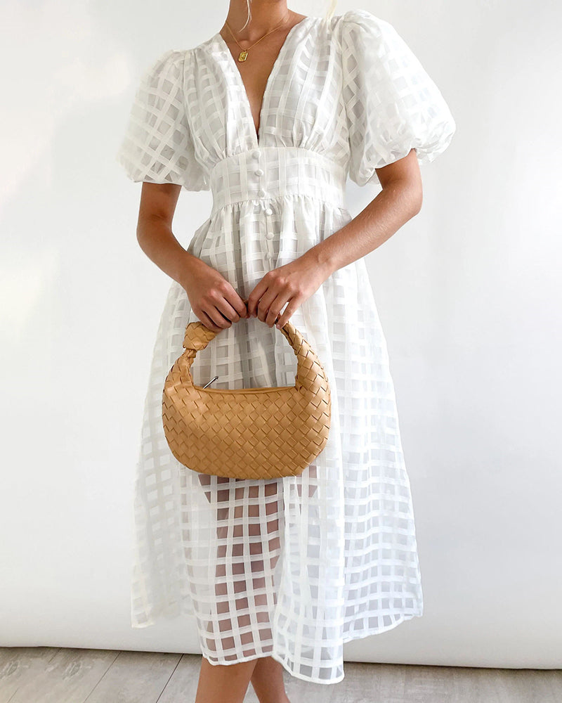 Zeagoo Women's Deep V Neck Short Puff Sleeve Plaid Midi Dress Elegant Button Front Beach Flowy Dress - White