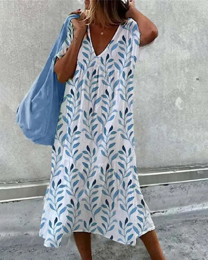 Zeagoo Women's Baggy Floral Print Swing Midi Dress Short Sleeve Casual Beach Sundress - Blue S