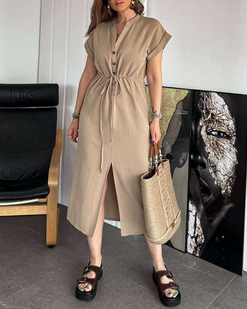 Zeagoo Women's Cotton Linen Dress Round Neck Single Breasted Button Sleeves Drawstring Slit Mid Length Dress - Khaki S