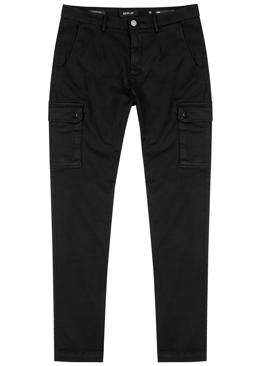 Replay Jann Hyperflex X.lite Black Slim-leg Cargo Trousers