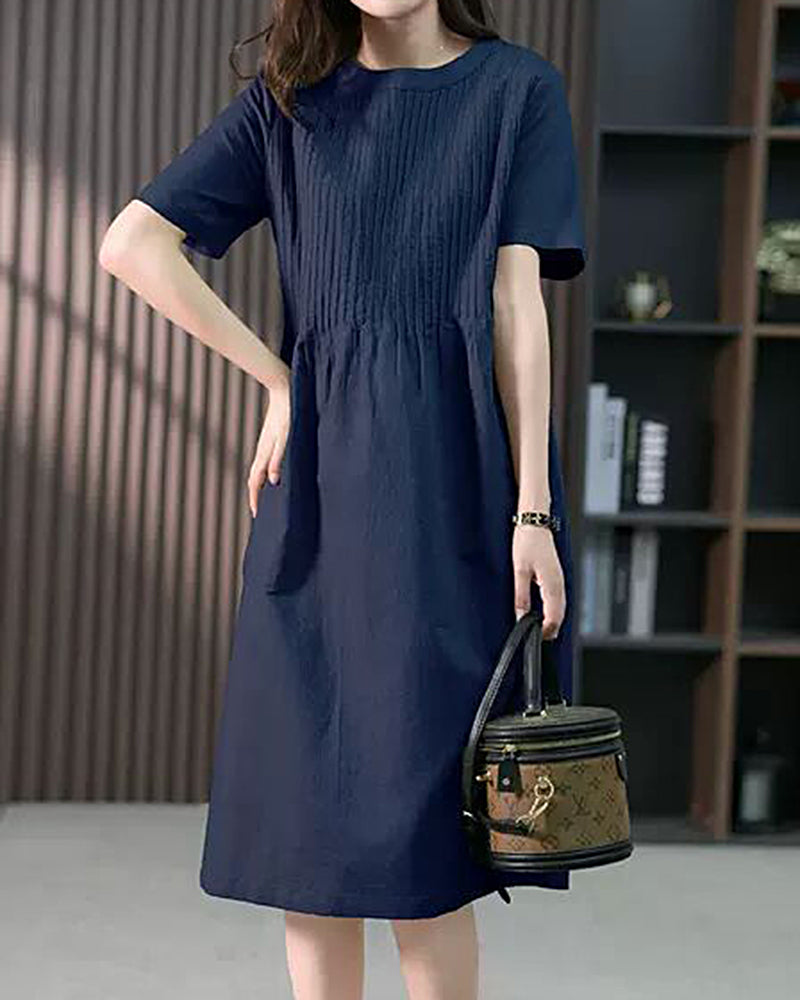Zeagoo Women's Crew Neck Cotton Linen Plain Dress Casual Loose Short Sleeve Sundress with Pockets - Navy blue