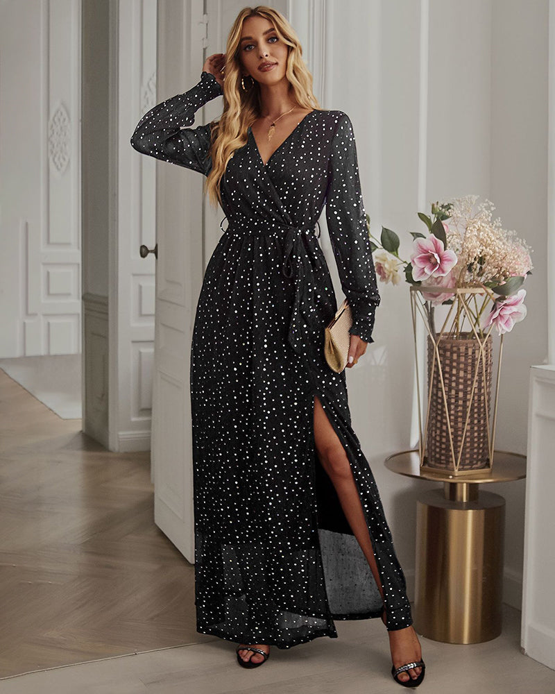 V-neck High Split Long Evening Dress with Belt - Black S