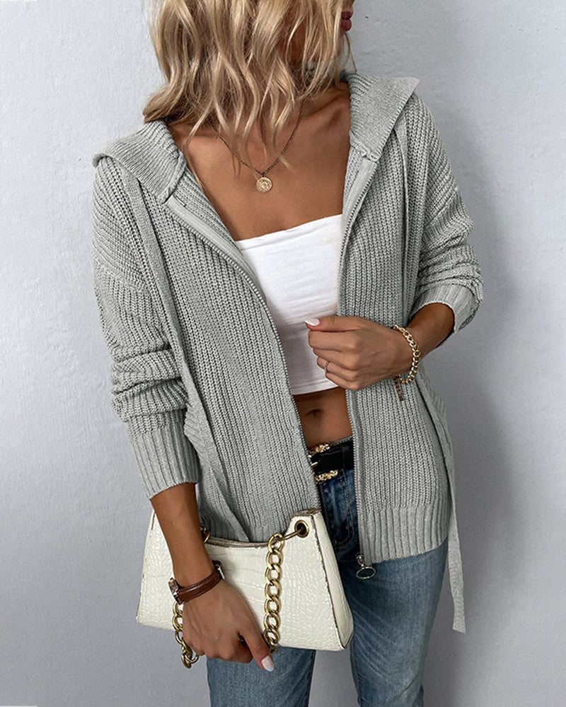 Long Sleeve Zipper Knitted Cardigan Hoodie Casual Short Sweater Outerwear - Grey