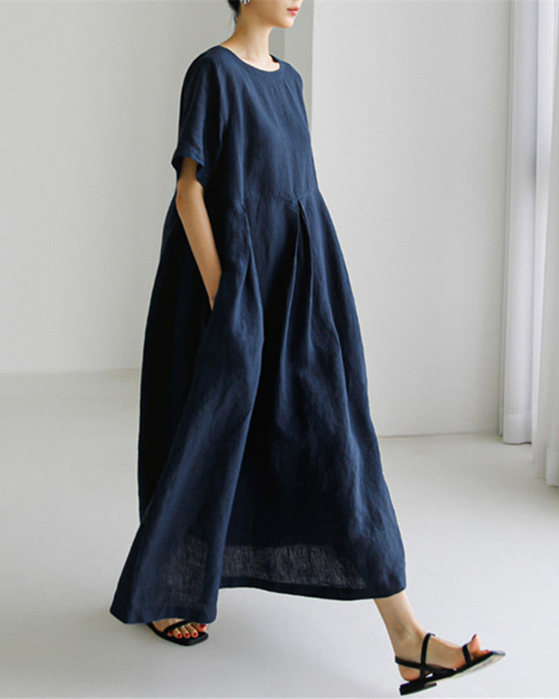 High Waist Knee Length Dress Casual Short Sleeves Loose Plus Size Dress - Navy blue L-