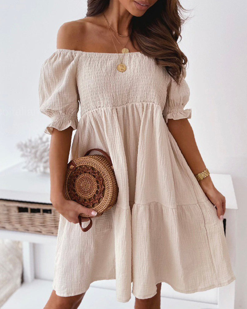 Off Shoulder Summer Casual Dresses Solid Loose Fit Short Flowy Pleated Dress Swing Beach Sundress - Beige M