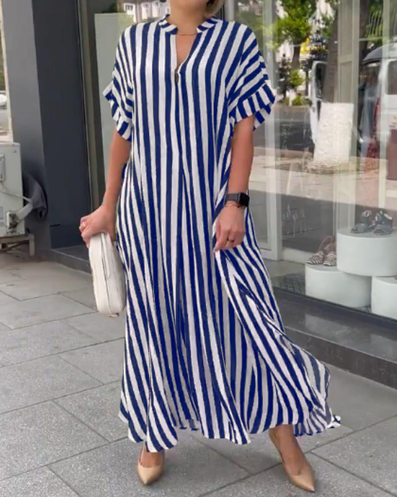 Vintage Pattern Print Boho Long Dress Elegant V Neck Short Sleeve Loose Maxi Dresses - Blue S