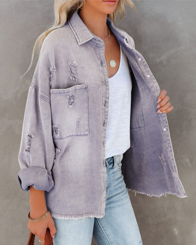 Zeagoo Cropped Jacket Frayed Hem Button Long Sleeves Casual Loose Solid Color Denim Jacket - Purple M