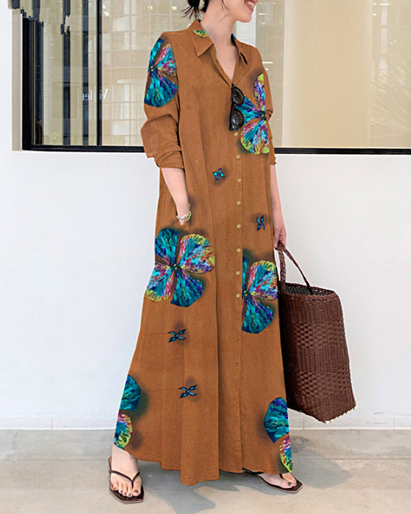 Lapel Long Sleeve Long Shirt Dress butterfly Printed Loose Plus Size Maxi Dresses - Orange M