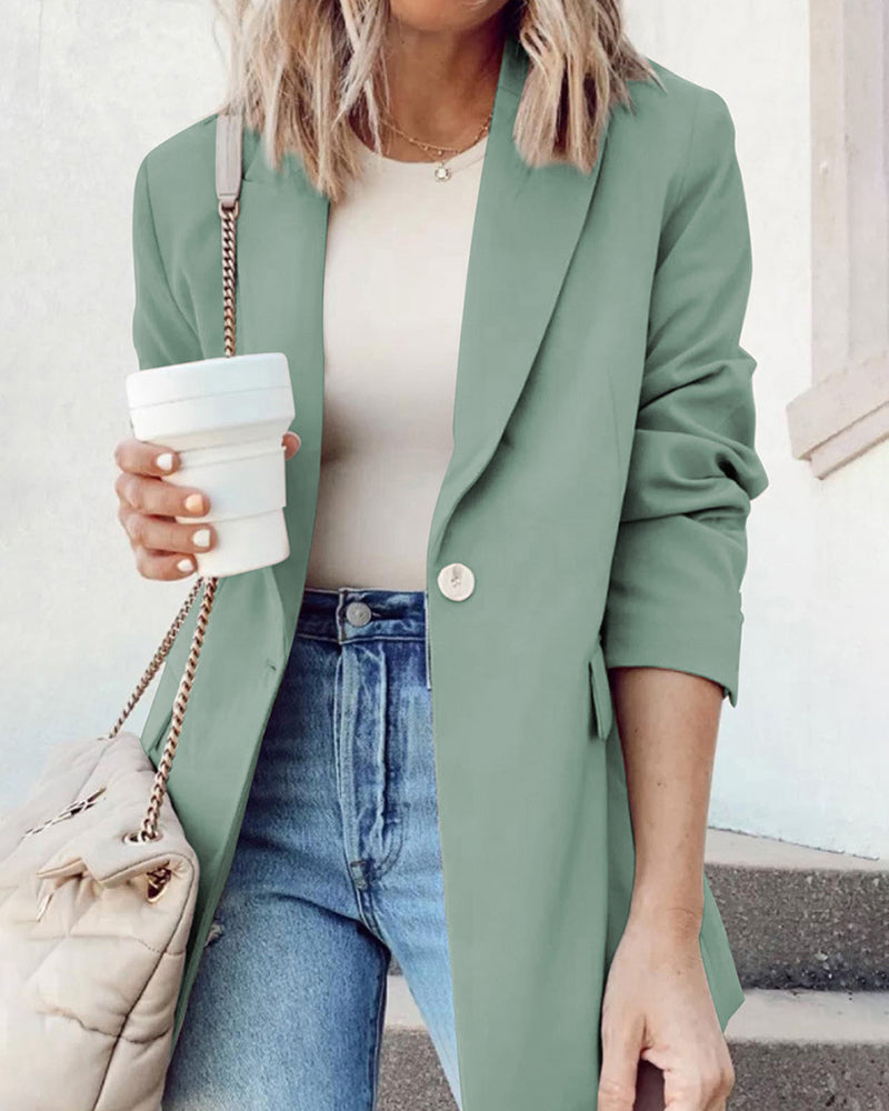 Single Breasted Button Down Office Work Wear Solid Blazer Jacket - Green M