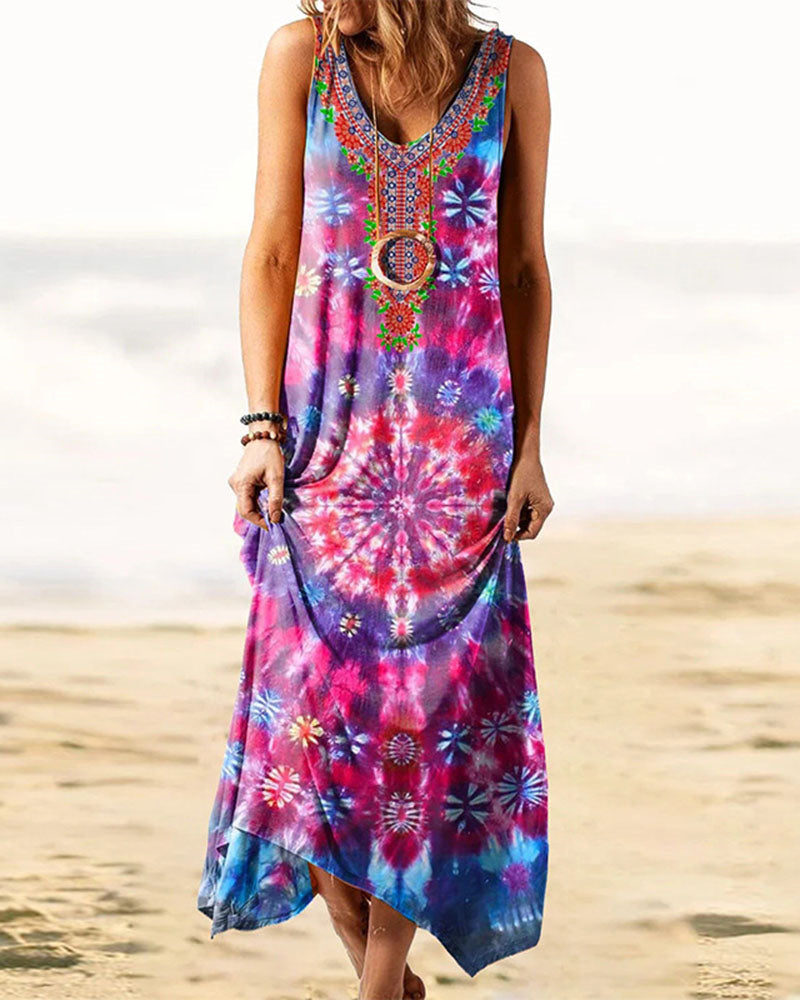 Ethnic Style Print Dress Long Maxi Dresses Retro Tank Dress Loose Beach Dress - Red