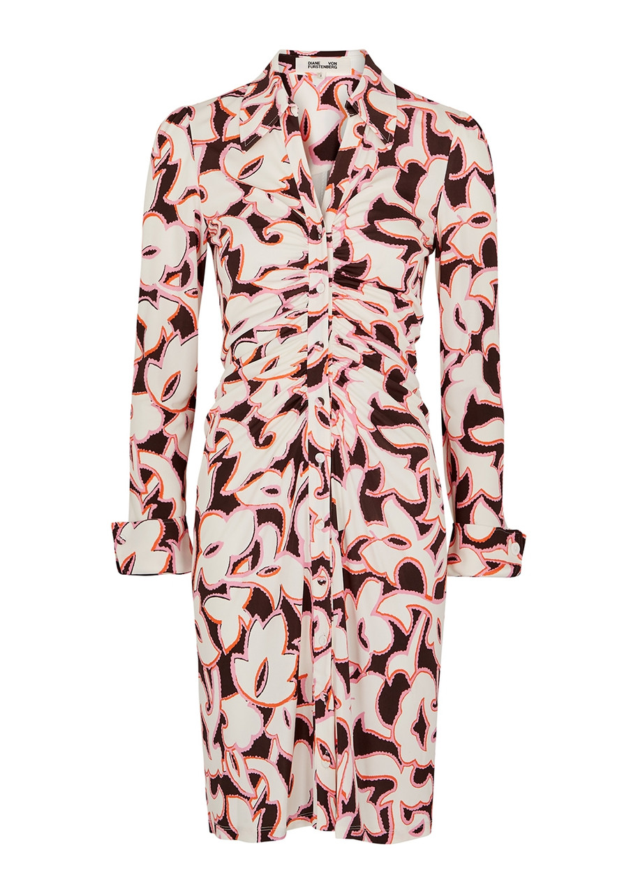 Diane Von Furstenberg Sheska Printed Ruched Jersey Dress - Brown
