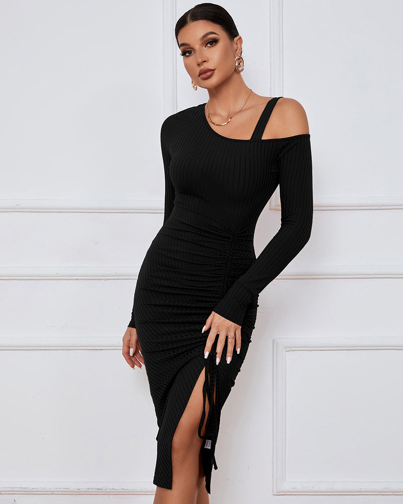 Sexy Drawstring Slit Off Shoulder Long Sleeve Dress - Black