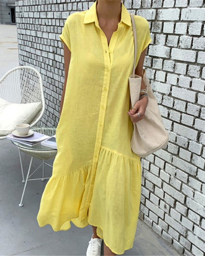 Zeagoo Women's Casual Short Sleeve Ruffles Collared Button Down Maxi Dress - Yellow M