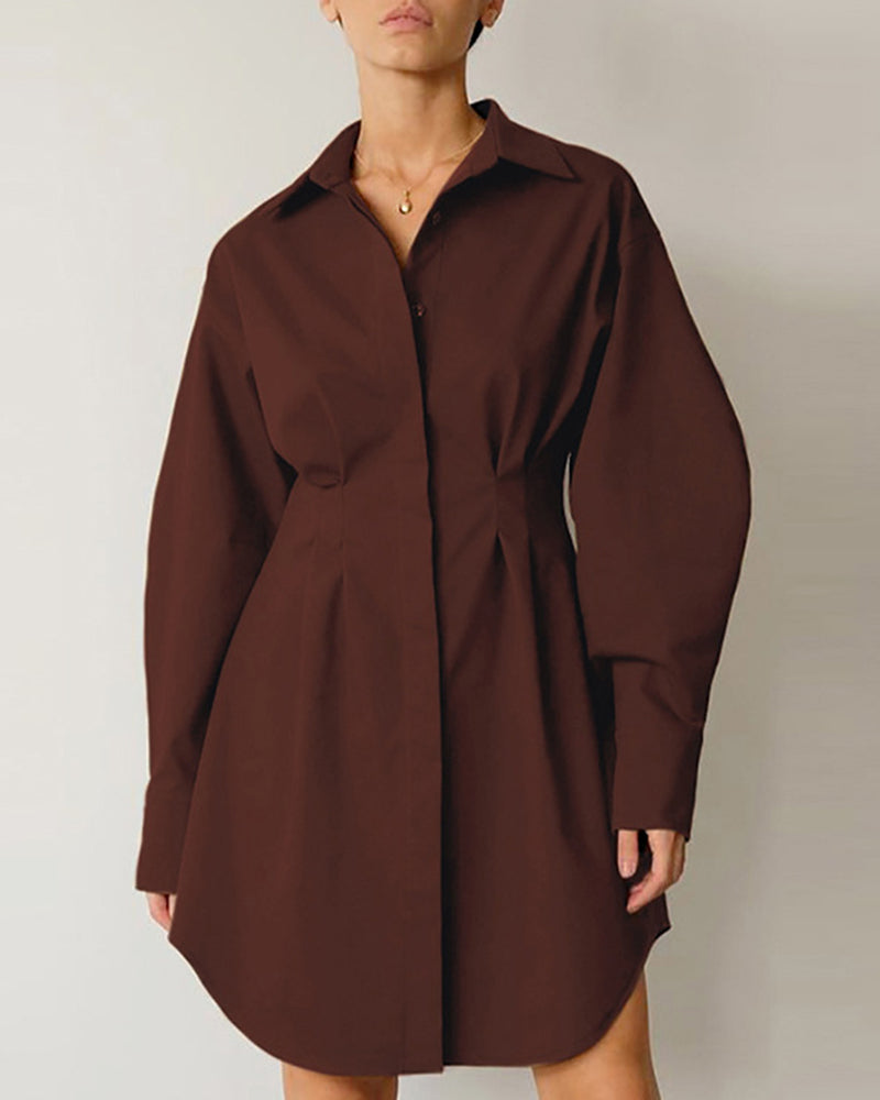 Long Sleeve Tunic Dress High Waist Lapel Short Dress Button Down Pleated Dress - Brown S