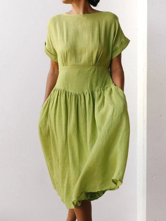 Linen Grass Green Midi Dress - Green L-