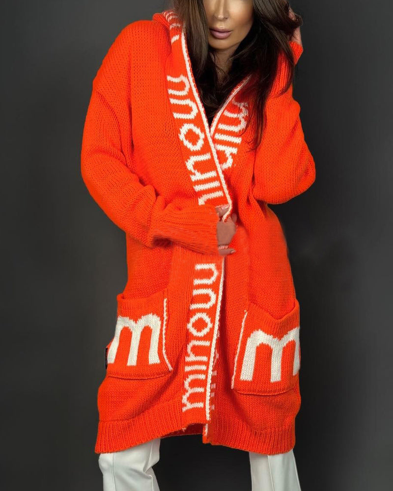 Long Elegant Stripe Cardigan Wool Long Sleeve Hooded Letter Knitted Coat - Orange L-
