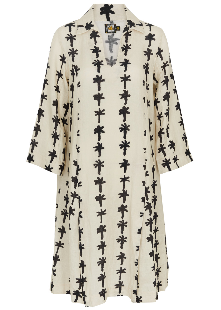 Desmond & Dempsey Palm Printed Linen Night Dress - Black