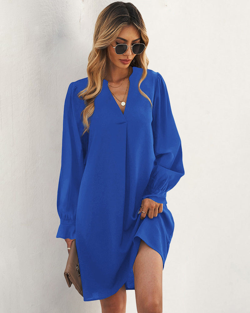 Notch Neck Solid Tunic Dress V-Neck Puff Sleeve Mini Tunic Dress - Royal Blue S
