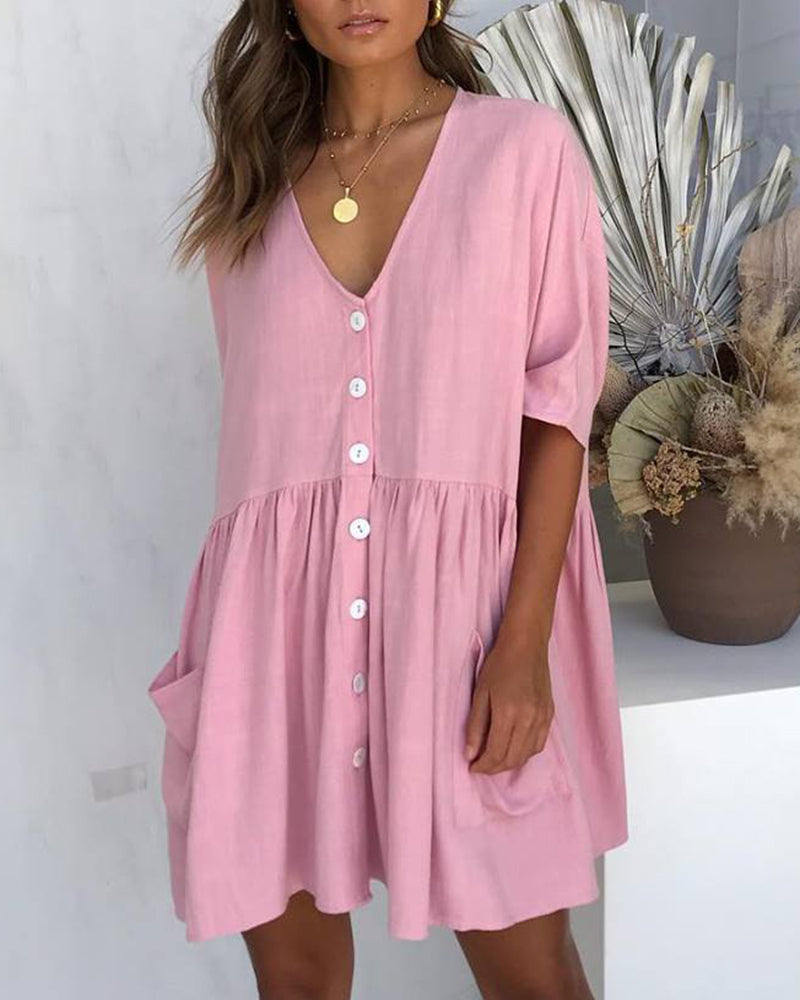 Half Sleeve Summer Shirt Dress V Neck Button Down Casual Loose Flowy Swing Mini Dress with Pockets - Pink S
