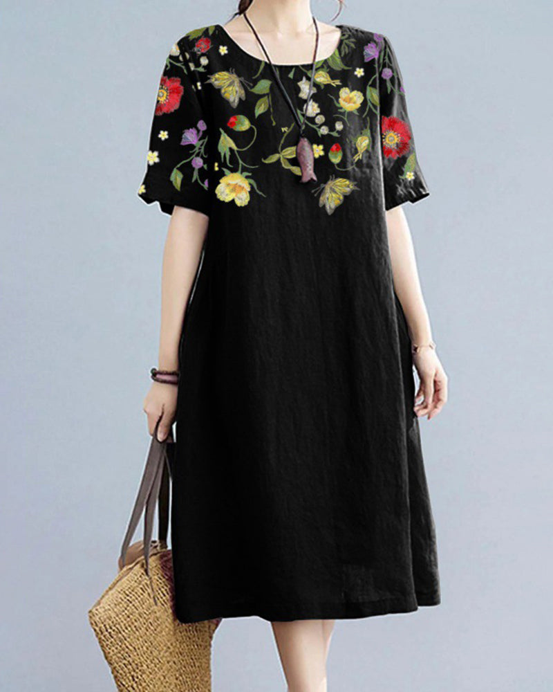 Printed Short Sleeve Casual Loose Fit Mini Dress - Black