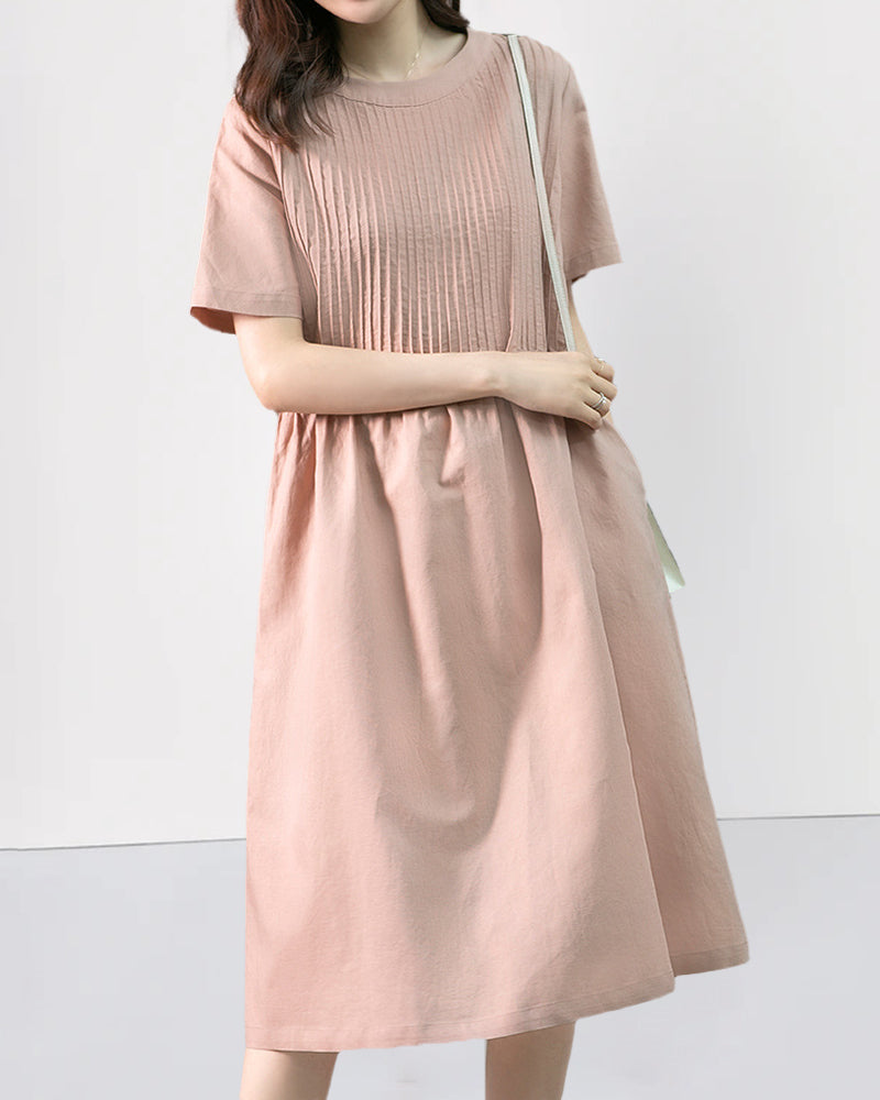 Zeagoo Women's Crew Neck Cotton Linen Plain Dress Casual Loose Short Sleeve Sundress with Pockets - Pink