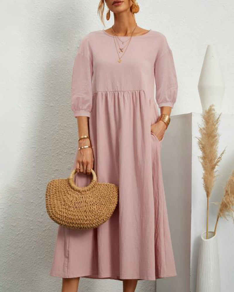 Lantern Sleeve Long Dress Solid Color Loose Crew Neck Mid Waist Dresses with Pockets - Pink L-