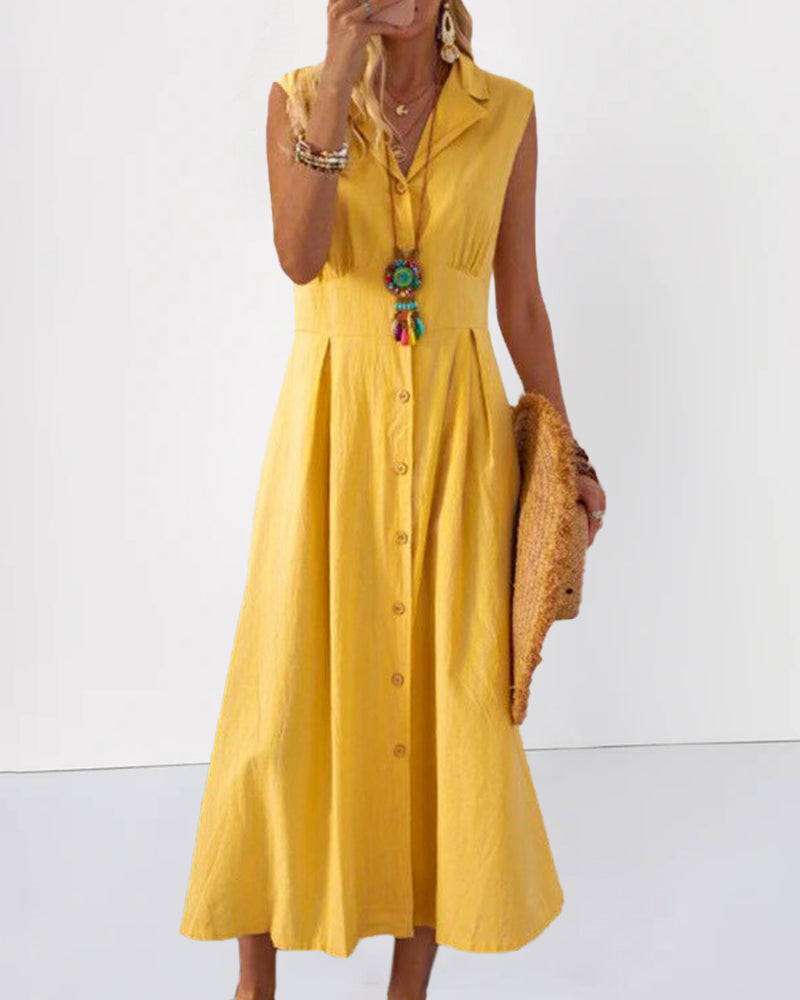 V Neck Lapel Button Down Maxi Dress Sleeveless Casual Beach Long A Line Shirt Sundress - Yellow L-