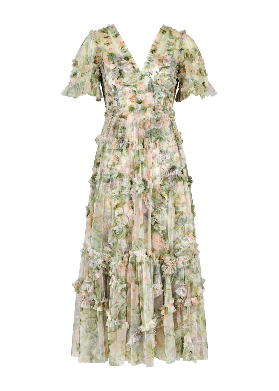 Needle & Thread Rose Powder Floral-print Ruffled Tulle Midi Dress - Multicoloured -