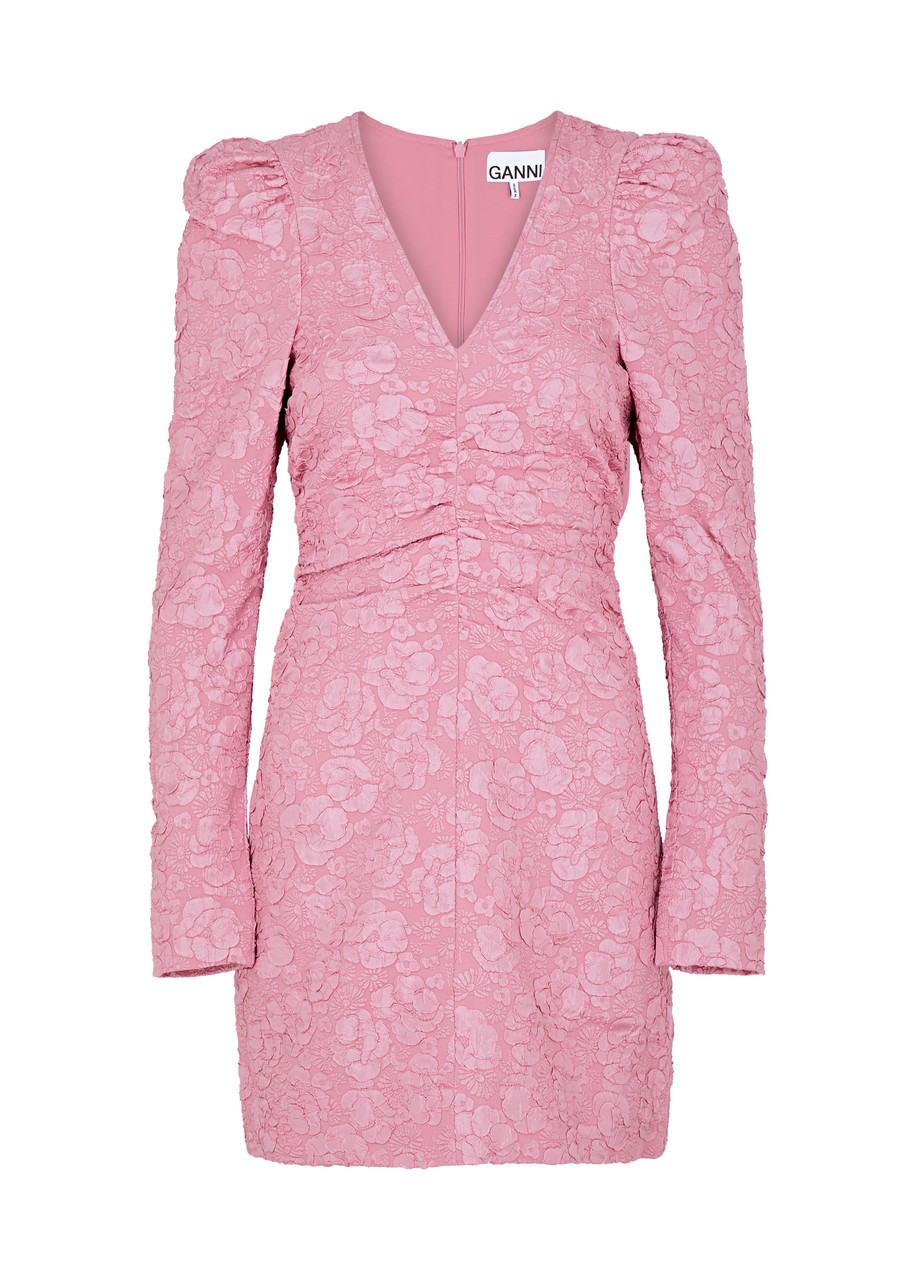 Ganni Floral-jacquard Mini Dress - Pink - S
