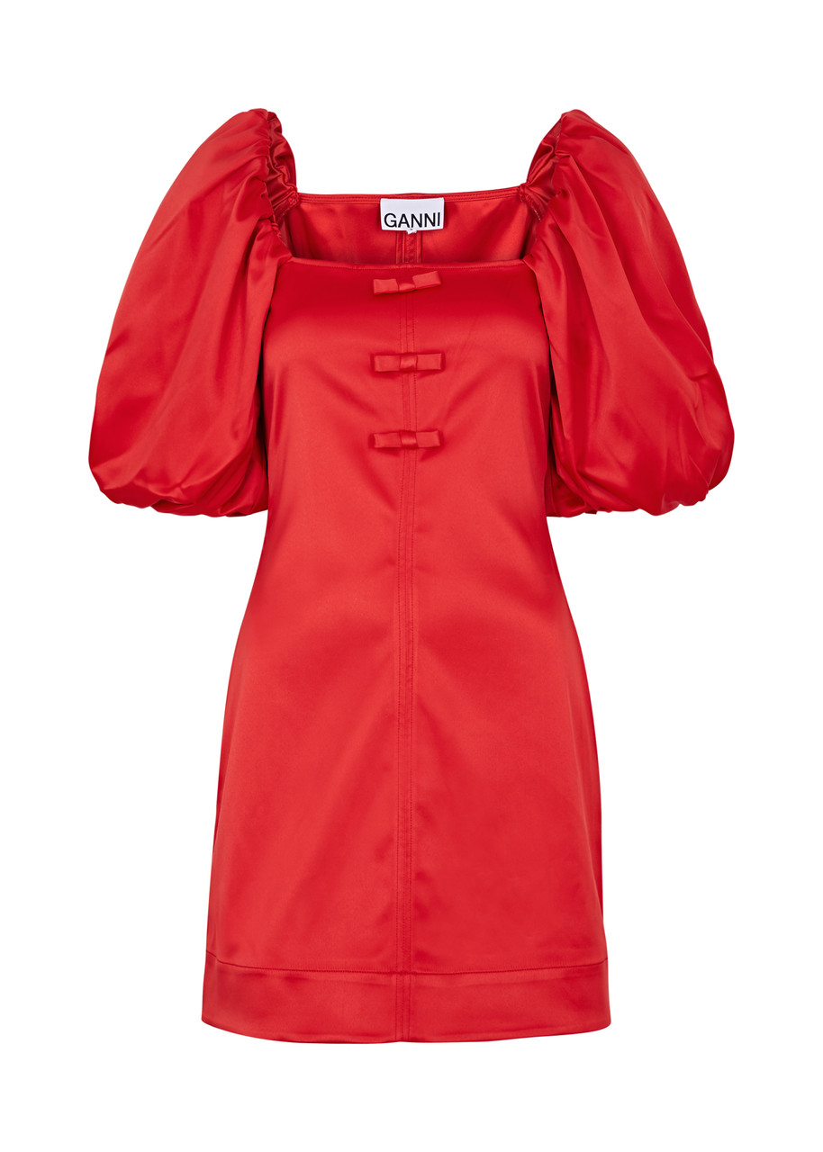 Ganni Bow-embellished Satin Mini Dress - Red - M