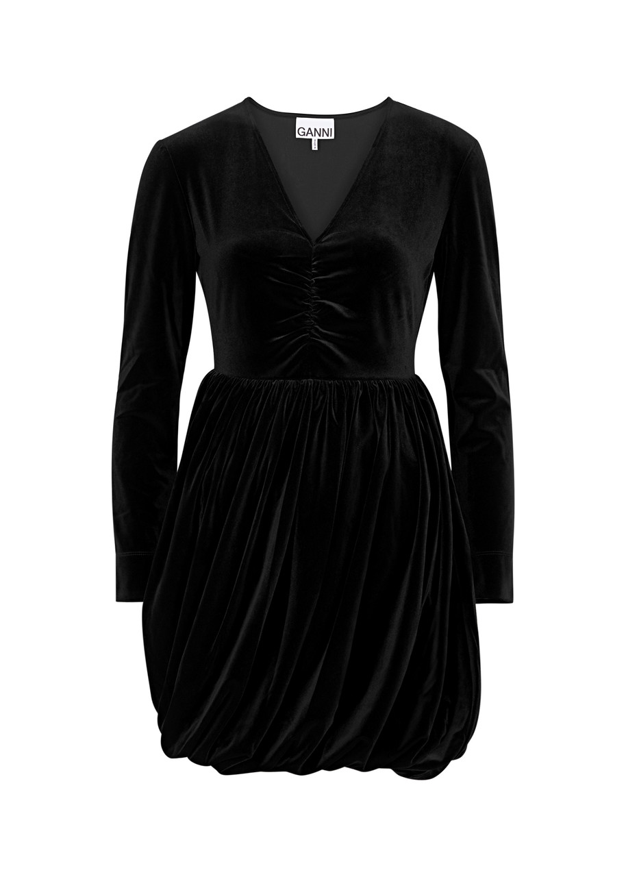Ganni Ruched Velvet Mini Dress - Black - S